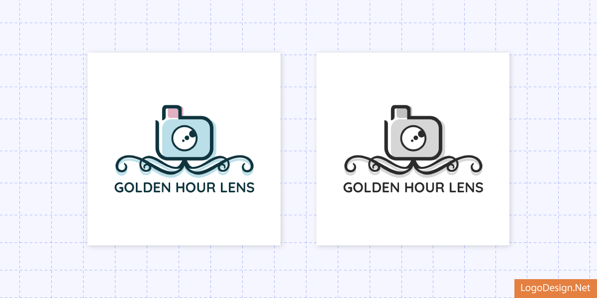 A logo concept for Golden Hour Lens with color variations showing a camera with ornaments