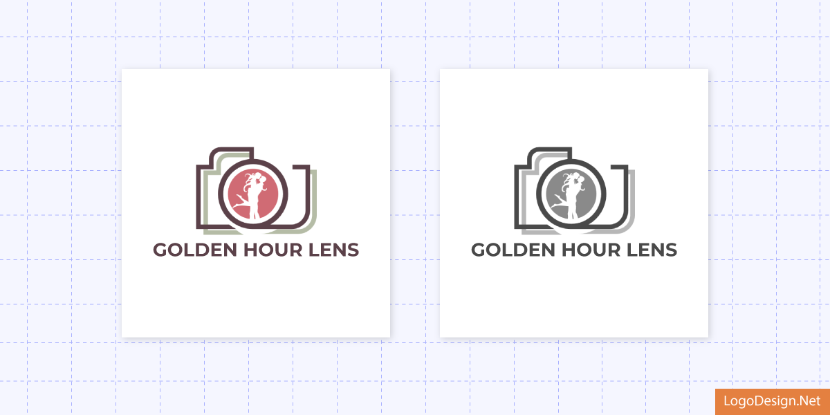 A logo concept for Golden Hour Lens with color variations showing a couple inside a camera lens