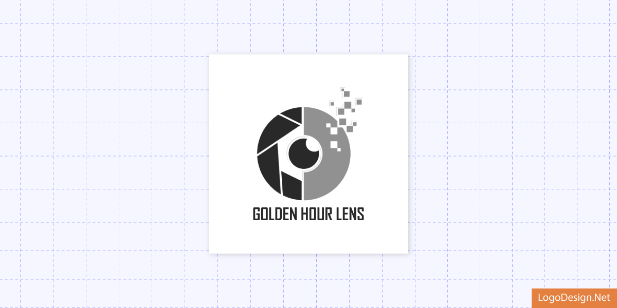 The final Golden Hour Lens logo with a pixel camera lens in black and white