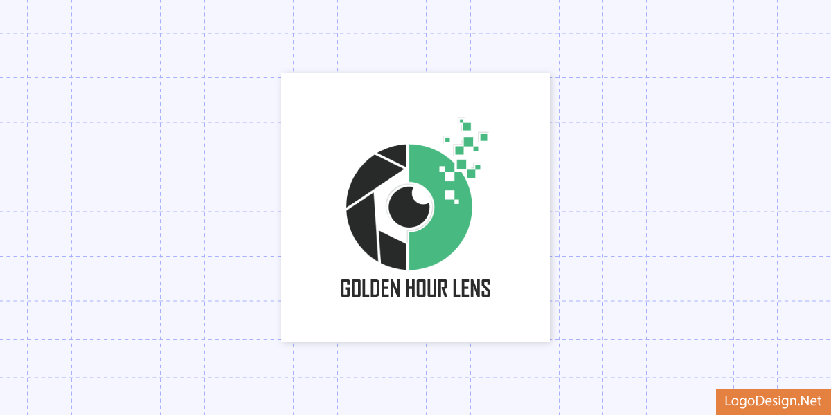 A logo for Golden Hour Lens with a pixel camera lens