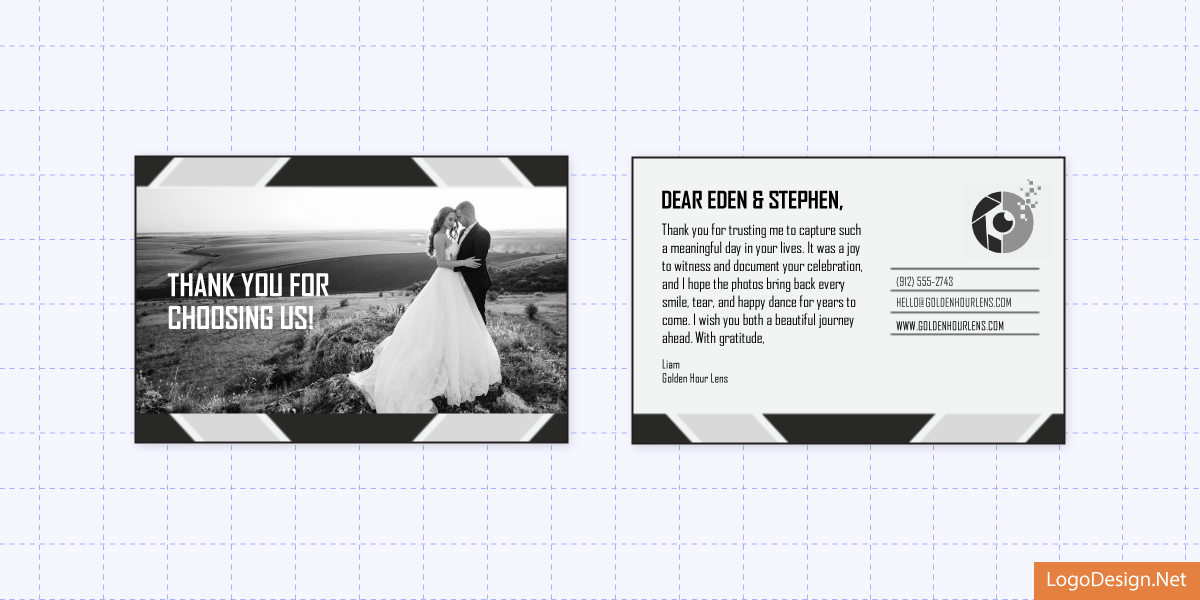Front and back of a postcard with a custom message created for Golden Hour Lens’ client