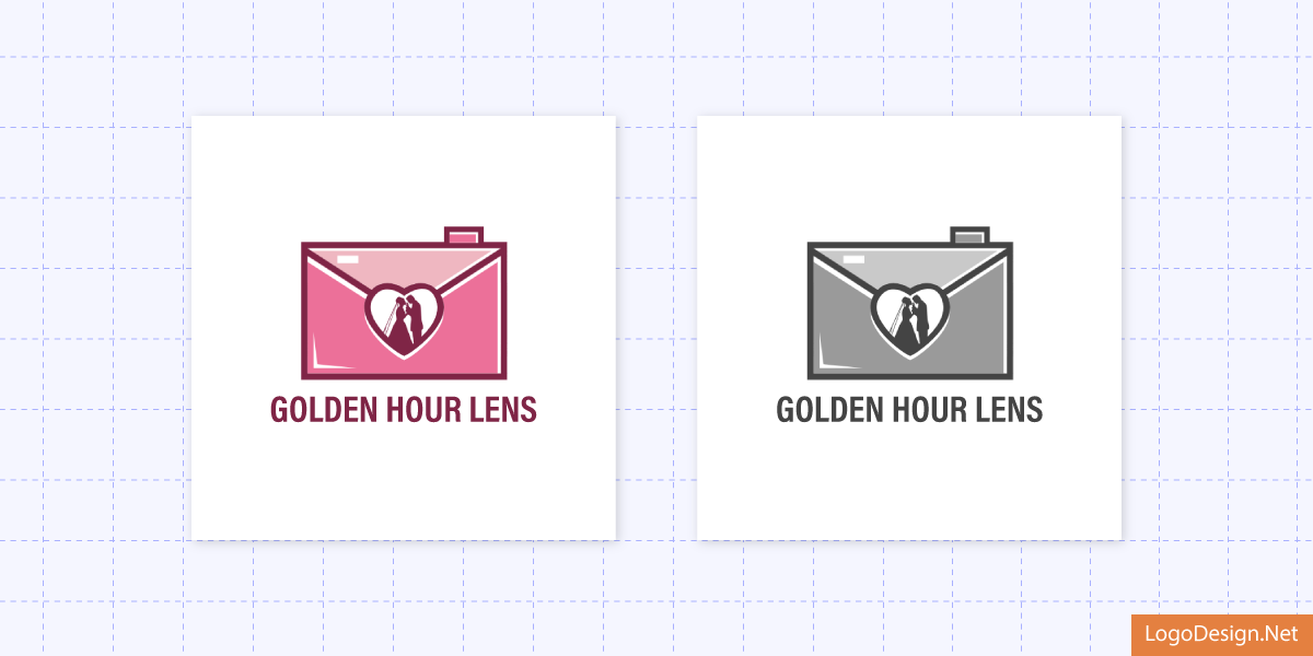 A logo concept for Golden Hour Lens with color variations showing a wedding couple heart lens