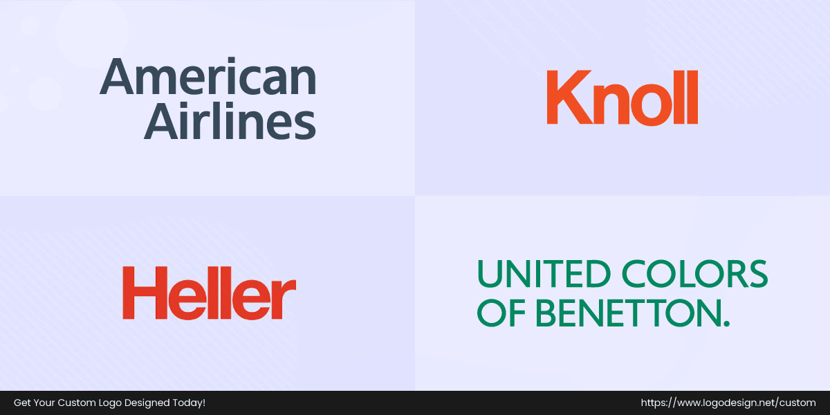 Logos of American Airlines, Knoll, Heller, and United Colors of Benetton displayed in a grid.