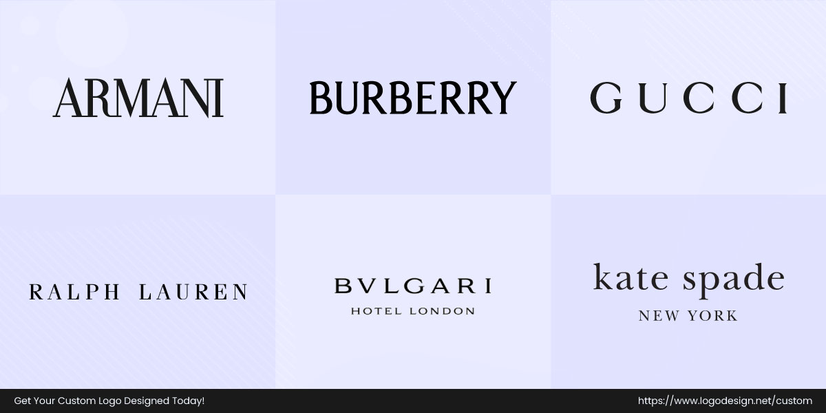 Luxury brand logos grid (Armani, Burberry, Gucci, Ralph Lauren, Bvlgari, Kate Spade)