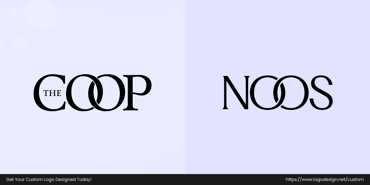 Side-by-side comparison of the COOP and NOOS wordmark logos with overlapping letters.
