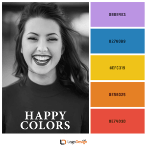 A grayscale photo of a smiling woman on the left, alongside a palette of vibrant colors on the right.