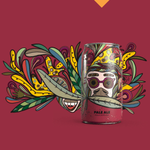 A can of Pale Ale is in the center. The background is a deep red with colorful, abstract, and whimsical desigs