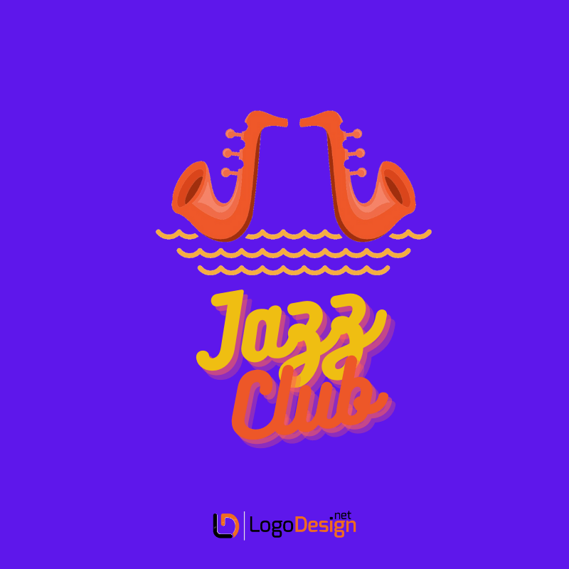 A vibrant logo on a purple background featuring two stylized orange saxophones facing each other.