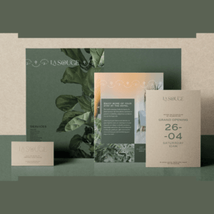 A display of promotional materials including a business card, a services flyer, a brochure.