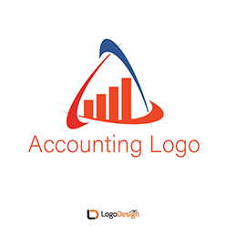 A logo featuring a triangular shape with red and blue curves encircling red bar graphs.