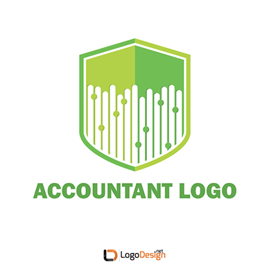 A logo featuring a shield with a two-tone green design and vertical lines representing financial data.