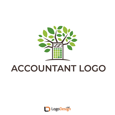 A logo featuring a green calculator with leaves growing out of it, resembling a tree.