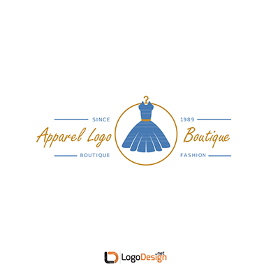 A boutique logo featuring a blue dress on a hanger in the center.