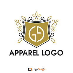 A logo design featuring a gold shield with the letters 