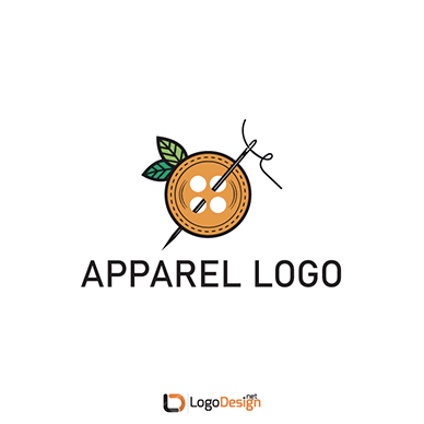 A logo featuring a brown button with four holes and a needle threaded with black string passing through the button.