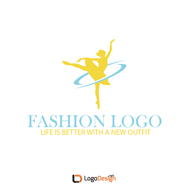 A logo featuring a yellow silhouette of a ballerina mid-dance inside a light blue circle.