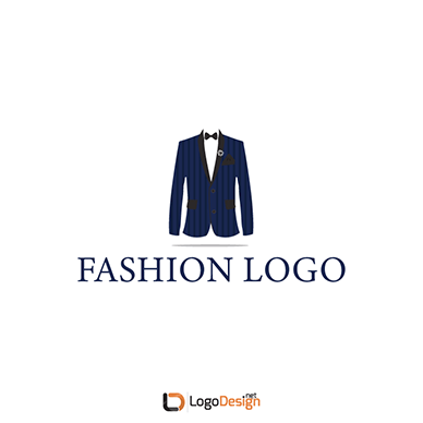An image of a fashion logo featuring an illustration of a blue suit jacket with brown buttons, a white shirt, and a black bow tie.