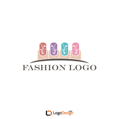 A logo for a fashion brand in a stylish font featuring five nail polish bottles in pink, purple, blue, and peach with decorative swirls.
