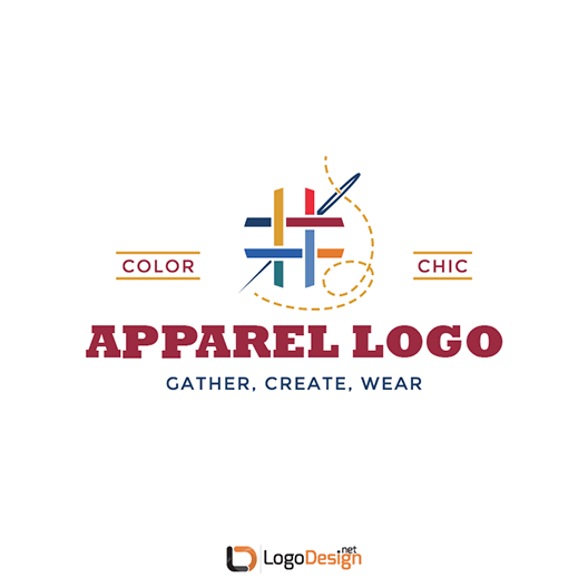 Apparel logo with interwoven colorful lines, a needle and thread, and red text reading 
