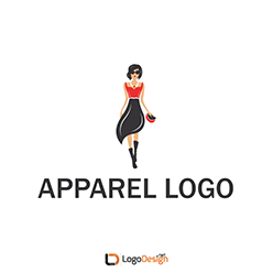 Logo featuring a stylized illustration of a woman in a red top, black skirt, and black boots, holding a small handbag.
