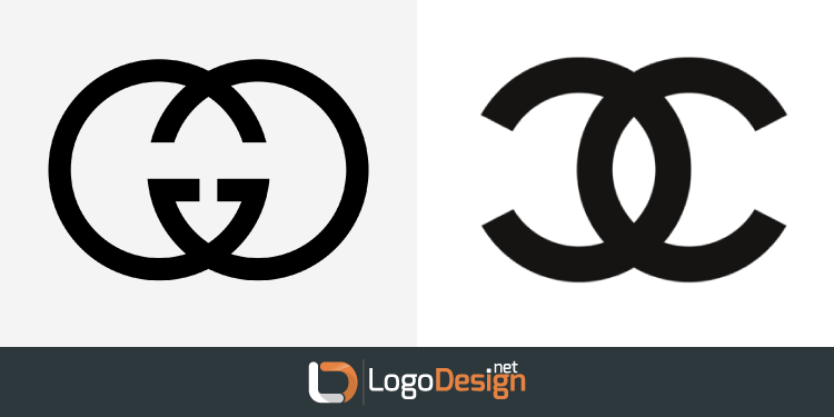 Two black interlocking letter logos. On the left is the interlocking 'G' logo of the Gucci brand, and on the right is the interlocking 'C' logo of the Chanel brand.