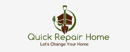 home repair logo with house inside swoosh with shovel