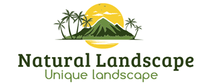 landscape logo design with mountains and sun and palm trees