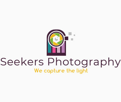 photography logo with camera lens inside abstract shape with pixels