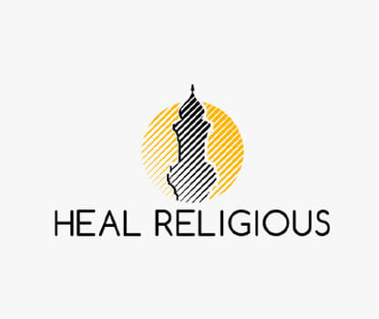 religious logo with minaret in yellow circle with stripes 
