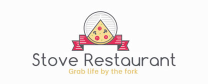 eatery logo with pizza slice in circle and ribbon 