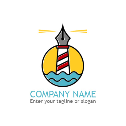 Pen logo for educational institutes with a lighthouse and waves