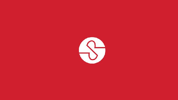 A red background with a white logo on it.