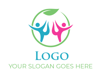 fitness logo people doing yoga with swoosh leaf