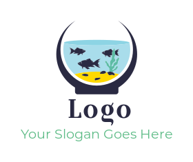 pet shop logo fishes in bowl with kelp and sand
