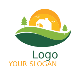 agriculture logo of barn trees birds on leaf 