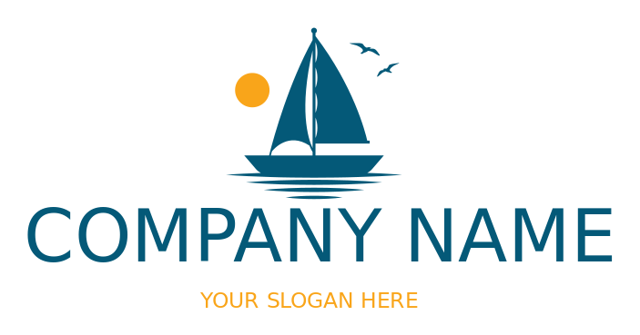 create a travel logo boat with sails in sea with sun and birds