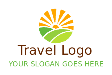 Create a landscape logo brushed farm and sun