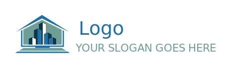 real estate logo laptop forming roof buildings