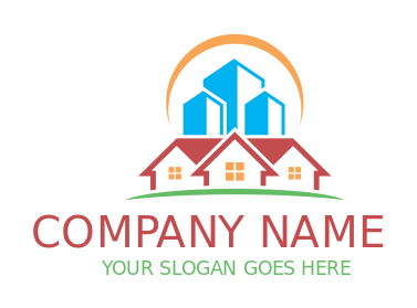 real estate logo illustration buildings over gable roof house and sun 