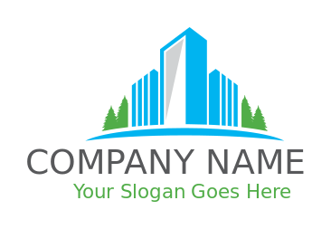 real estate logo illustration buildings with trees over arc 