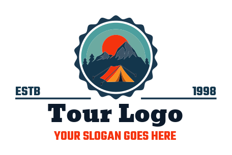 campsite in badge with tent and mountains and sun 