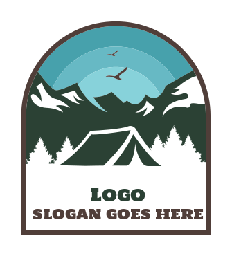 campsite logo tent in mountains with birds