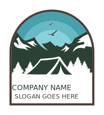 campsite logo tent in mountains with birds