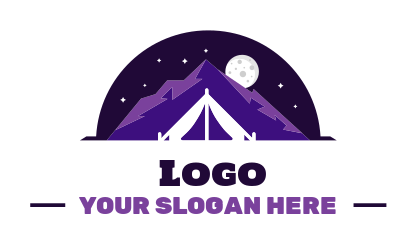 campsite tent under purple mountains moon and starry night semi circle