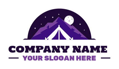 campsite tent under purple mountains moon and starry night semi circle
