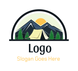glamping logo campsite with hills and sun