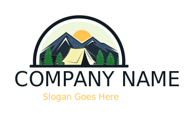 glamping logo campsite with hills and sun