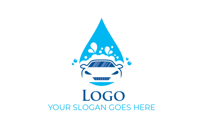 cleaning logo maker car wash with water and bubbles on automobile in drop shaped 