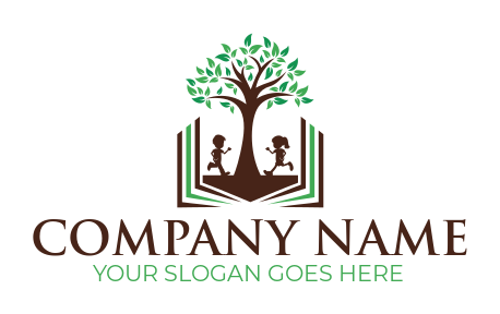 school logo children and tree on open book