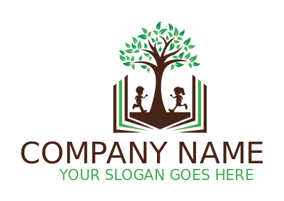 school logo children and tree on open book